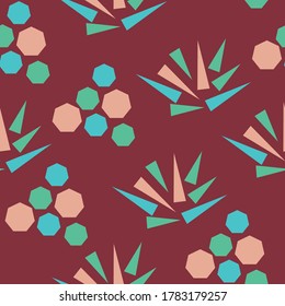 Triángulos y heptagones en rojo y dos tonos verdes sobre un fondo oscuro para los textiles. Patrón sin foco. Composición dinámica de grupos redondos y triangulares sobre fondo marrón oscuro.
