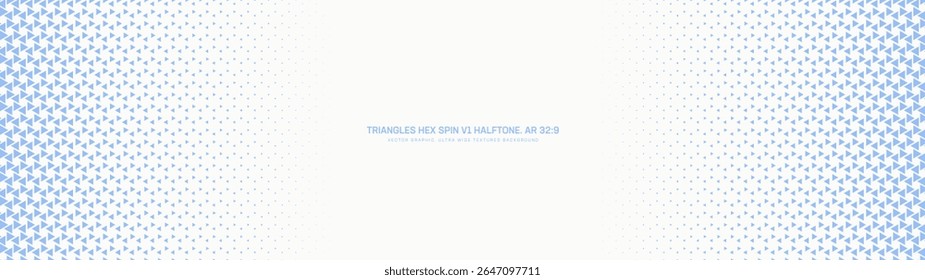 Triangles hexagonal grid halftone pattern faded frame ultra wide 32:9 aspect ratio white blue vector abstract background. Half tone mod technology graphic panoramic ultrawide format light abstraction