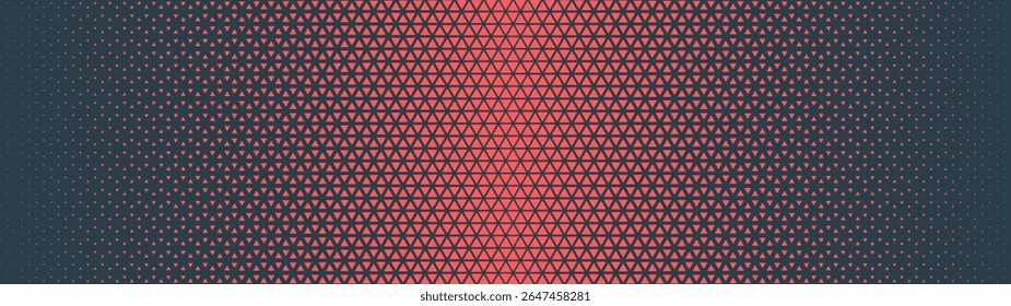 Triangles hexagonal grid halftone pattern faded gradient ultra wide 32:9 aspect ratio red black vector abstract background. Half tone graphic panoramic ultrawide format hi-tech conceptual abstraction
