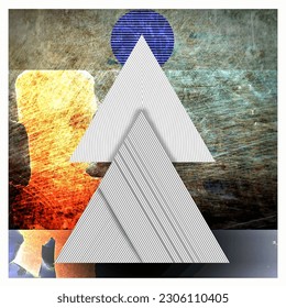 Triangles, lines and textures on gray background. cover art design