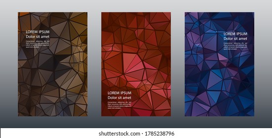 Triangles mosaic geometric cover page mockups vector batch. Corporate brochure front pages. Triangles mosaic business booklets graphic design. Industrial urban backgrounds. Polygonal covers.