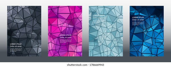 Triangles mosaic geometric cover page templates vector set. Simple brochure front pages. Triangles mosaic business notebooks graphic design. Industrial urban backgrounds. Polygonal covers.