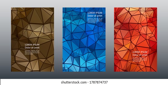 Triangles mosaic geometric cover page mockups vector batch. Financial brochure front pages. Triangles puzzle business booklets graphic design. Industrial urban backgrounds. Polygonal covers.