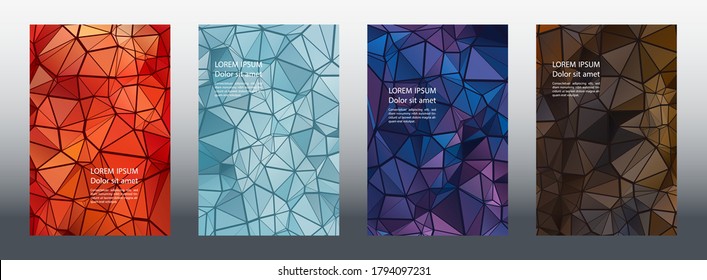 Dreiecke Mosaike geometrische Titelseiten-Mockups Vektorstapel. Titelseiten der Finanzbroschüre. Dreiecke Mosaik Business Banner Grafik Design. Industrieurbane Hintergründe. Polygonale Cover.