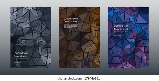 Triangles mosaic geometric cover page layouts vector collection. Abstract brochure front pages. Triangles puzzle business flyers graphic design. Industrial urban backgrounds. Polygonal covers.