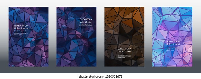 Triangles mosaic geometric cover page mockups vector batch. Minimal brochure front pages. Triangles mosaic business banners graphic design. Industrial digital backgrounds. Geometric covers.