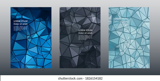Triangles mosaic geometric cover page mockups vector batch. Origami brochure front pages. Triangles puzzle business booklets graphic design. Industrial urban backgrounds. Polygonal covers.