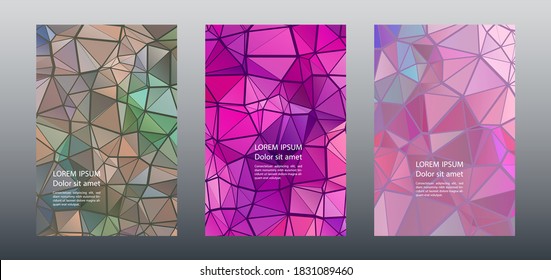Triangles mosaic geometric cover page templates vector set. Origami brochure front pages. Triangles mosaic business banners graphic design. Industrial digital backgrounds. Geometric covers.
