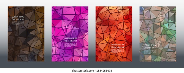 Triangles mosaic geometric cover page templates vector set. Financial brochure front pages. Triangles mosaic business folders graphic design. Industrial digital backgrounds. Geometric covers.