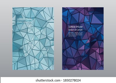 Triangles mosaic geometric cover page mockups vector batch. Origami brochure front pages. Triangles mosaic business reports graphic design. Industrial digital backgrounds. Geometric covers.