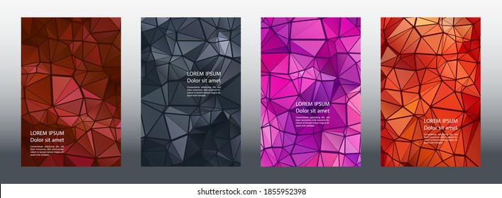 Triangles mosaic geometric cover page layouts vector collection. Creative brochure front pages. Triangles puzzle business reports graphic design. Industrial digital backgrounds. Geometric covers.