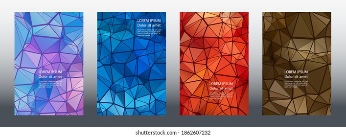 Triangles mosaic geometric cover page templates vector set. Minimal brochure front pages. Triangles puzzle business publication graphic design. Industrial digital backgrounds. Geometric covers.