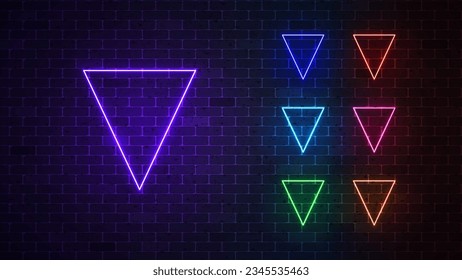 Dreiecke Neonrahmen-Set. Glühendes Dreiecksgerüst. Vektorgrafik