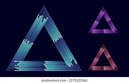 Triangles with parallel lines and gradient. Blue, purple and red colors over black background.
