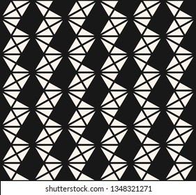 Triangles pattern. Abstract geometric seamless texture. Vector black and white graphic background. Simple ornament with small triangles, rhombuses, hexagonal grid, zig zag. Monochrome repeat design