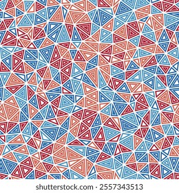 Triangles pattern. Compact shape size. Multiple repeated inner triangles. Multiple colors style. Repeatable pattern. Beautiful vector tiles. Seamless vector illustration.