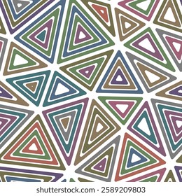 Triangles pattern geometric design. Big shape size. Multiple repeated inner triangles. Multicolored style. Repeatable pattern. Vibrant vector tiles. Seamless vector illustration.