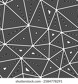 Triangles pattern geometric design. Multiple repeated inner triangles. Big shape size. Black and white style. Seamless pattern. Vibrant vector tiles. Artistic vector illustration.