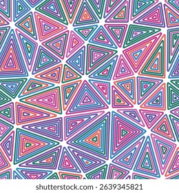 Triangles pattern geometric design. Multiple repeated inner triangles. Large shape size. Multicolored style. Seamless pattern. Vibrant vector tiles. Elegant vector illustration.