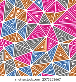 Triangles pattern. Large shape size. Multiple repeated inner triangles. Multiple colors style. Repeatable pattern. Beautiful vector tiles. Seamless vector illustration.