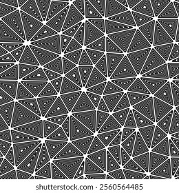 Triangles pattern. Multiple repeated inner triangles. Medium shape size. Black and white style. Seamless pattern. Beautiful vector tiles. Amazing vector illustration.