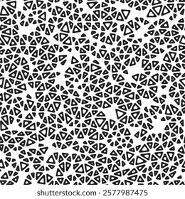 Triangles pattern. Tiny triangles size. Black and white style. Rounded triangular cells outlined. Repeatable pattern. Monochrome Contrast. Beautiful vector tiles. Seamless vector illustration.