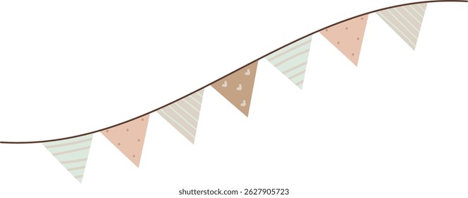 Triangles with patterns hang on a string in a gentle curve.  A celebratory pennant banner decorates with various textures and shapes. Cartoon vector illustration