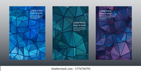 Triangles puzzle geometric cover page mockups vector set. Cool brochure front pages. Triangles puzzle business booklets graphic design. Industrial digital backgrounds. Geometric covers.