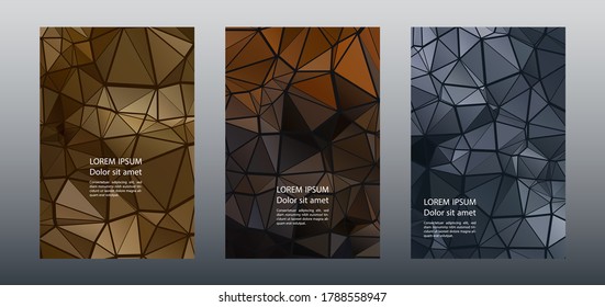 Triangles puzzle geometric cover page layouts vector set. Creative brochure front pages. Triangles mosaic business posters graphic design. Industrial urban backgrounds. Polygonal covers.