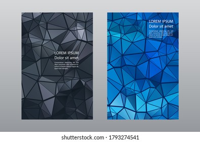 Triangles puzzle geometric cover page mockups vector set. Creative brochure front pages. Triangles mosaic business folders graphic design. Industrial digital backgrounds. Geometric covers.