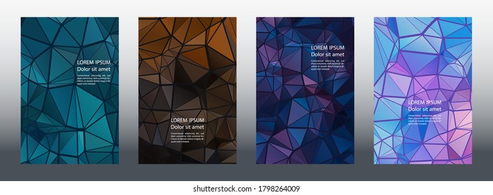 Triangles puzzle geometric cover page templates vector set. Dynamic brochure front pages. Triangles puzzle business banners graphic design. Industrial urban backgrounds. Polygonal covers.
