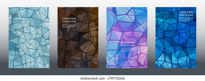 Triangles puzzle geometric cover page mockups vector set. Dynamic brochure front pages. Triangles puzzle business banners graphic design. Industrial digital backgrounds. Geometric covers.