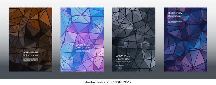 Triangles puzzle geometric cover page templates vector set. Creative brochure front pages. Triangles mosaic business folders graphic design. Industrial digital backgrounds. Geometric covers.