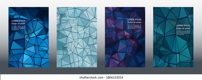 Triangles puzzle geometric cover page layouts vector set. Abstract brochure front pages. Triangles mosaic business folders graphic design. Industrial digital backgrounds. Geometric covers.