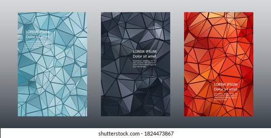Triangles puzzle geometric cover page mockups vector set. Abstract brochure front pages. Triangles mosaic business booklets graphic design. Industrial urban backgrounds. Polygonal covers.