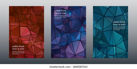 Triángulos rompecabezas página de portada geométrica maquillaje conjunto vectorial. Portadas del folleto de Origami. Triángulos mosaico diseño gráfico de publicación de negocios. Antecedentes urbanos industriales. Fundas poligonales.