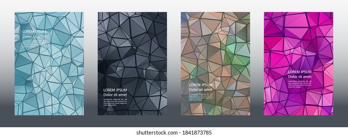 Triángulos rompecabezas diseño de portada geométrica conjunto de vectores. Portadas de moda. Triángulos mosaico diseño gráfico de publicación de negocios. Antecedentes digitales industriales. Fundas geométricas.