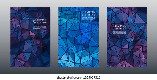 Triangles puzzle geometric cover page mockups vector set. Dynamic brochure front pages. Triangles mosaic business banners graphic design. Industrial urban backgrounds. Polygonal covers.