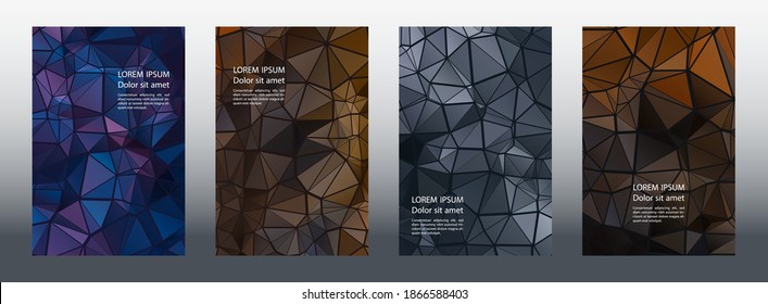 Triangles puzzle geometric cover page layouts vector set. Origami brochure front pages. Triangles mosaic business booklets graphic design. Industrial urban backgrounds. Polygonal covers.