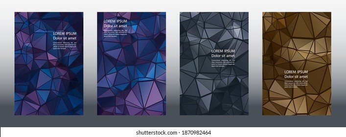 Triangles puzzle geometric cover page mockups vector set. Financial brochure front pages. Triangles mosaic business reports graphic design. Industrial digital backgrounds. Geometric covers.