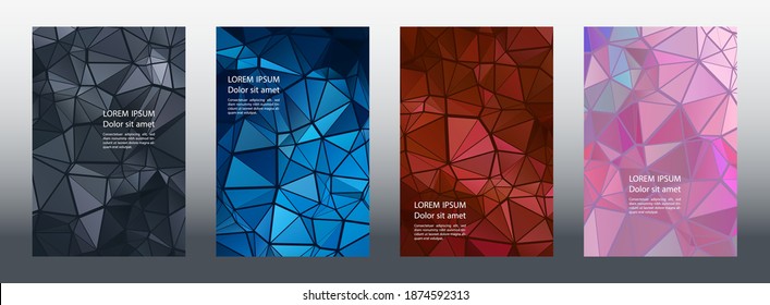 Triangles puzzle geometric cover page mockups vector set. Simple brochure front pages. Triangles puzzle business posters graphic design. Industrial digital backgrounds. Geometric covers.