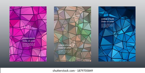 Triangles puzzle geometric cover page layouts vector set. Corporate brochure front pages. Triangles puzzle business publication graphic design. Industrial urban backgrounds. Polygonal covers.