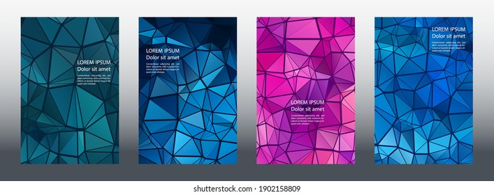 Triángulos rompecabezas página de portada geométrica maquillaje conjunto vectorial. Portadas de moda. Triángulos mosaicos diseño gráfico de cuadernos de negocios. Antecedentes digitales industriales. Fundas geométricas.