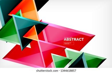 Triangles repetiton geometric abstract background, multicolored glossy triangular shapes, hi-tech poster cover design or web presentation template with copy space. Vector illustration