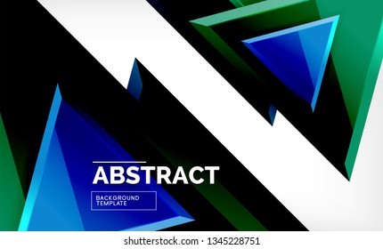 Triangles repetiton geometric abstract background, multicolored glossy triangular shapes, hi-tech poster cover design or web presentation template with copy space. Vector illustration