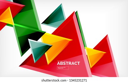 Triangles repetiton geometric abstract background, multicolored glossy triangular shapes, hi-tech poster cover design or web presentation template with copy space. Vector illustration
