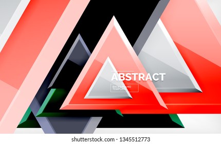 Triangles repetiton geometric abstract background, multicolored glossy triangular shapes, hi-tech poster cover design or web presentation template with copy space. Vector illustration