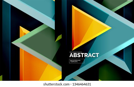 Triangles repetiton geometric abstract background, multicolored glossy triangular shapes, hi-tech poster cover design or web presentation template with copy space. Vector illustration