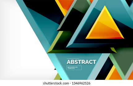 Triangles repetiton geometric abstract background, multicolored glossy triangular shapes, hi-tech poster cover design or web presentation template with copy space. Vector illustration