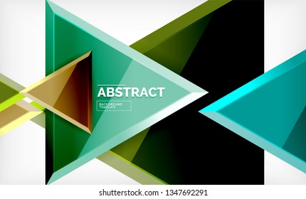 Triangles repetiton geometric abstract background, multicolored glossy triangular shapes, hi-tech poster cover design or web presentation template with copy space. Vector illustration